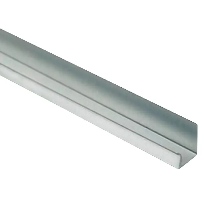 THU Ceiling Solutions Canal Clip - 3 m x 20 mm x 22 mm, Acero - Primer plano de un perfil en U de metal plateado.