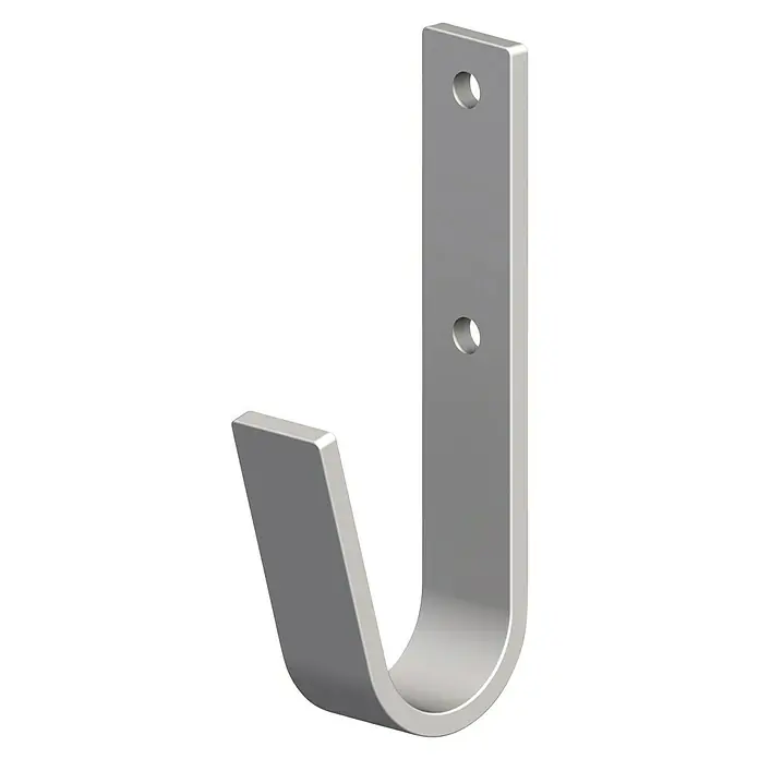Stabilit Universalhaken - 3,2 x 8,7 cm, Belastbarkeit: 45 kg, Stahl - Nahaufnahme eines silbernen J-Haken, der für Lagerung und Aufhängen von Gegenständen konzipiert ist und zwei Befestigungslöcher hat.