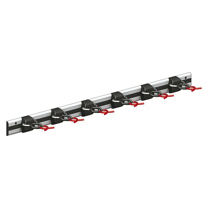 Gerätehalter X-Star - Länge: 1.000 mm, Belastbarkeit: 50 kg - Eine Mop- und Besenhalterung mit acht Halteklammern aus Metall, die an einer silberfarbenen Schiene befestigt sind. Ideal für die Wandmontage.