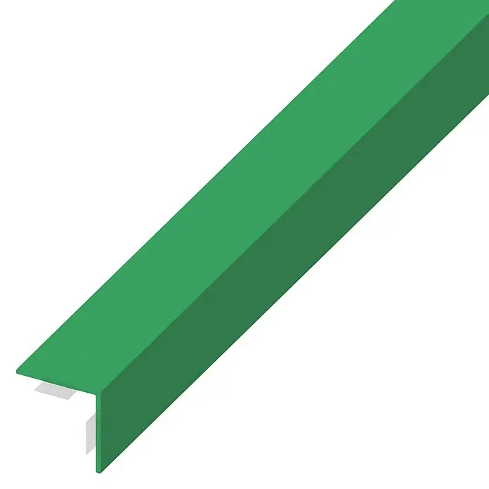 Kantoflex Winkelprofil - 1.000 x 30 x 30 mm, Stärke: 1,1 mm, Grün - Nahaufnahme einer grünen Kantenschutzleiste mit einem markanten Winkelprofil auf schwarzem Hintergrund.