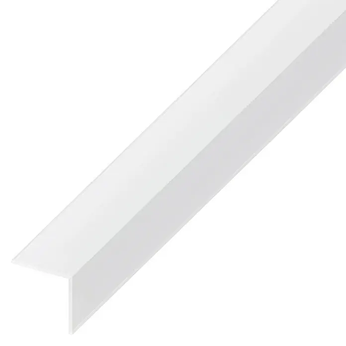 Winkelprofil - 1.000 x 25 x 25 mm, Stärke: 1 mm, Kunststoff, Transparent - Ein weißes, winkelförmiges Profilstück, ideal für saubere Abschlüsse und Kantenschutz. Es bietet eine stilvolle und funktionale Lösung für Innenausbau.