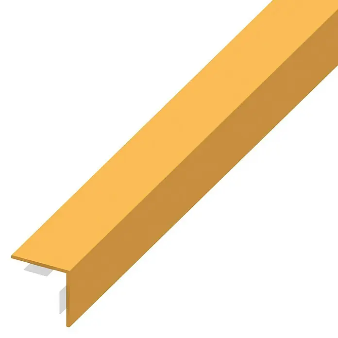 Kantoflex Winkelprofil - 1.000 x 30 x 30 mm, Stärke: 1,1 mm, Gelb - Nahaufnahme eines goldfarbenen Übergangsprofils. Geeignet zum Schutz und zur ästhetischen Aufwertung von Bodenübergängen.