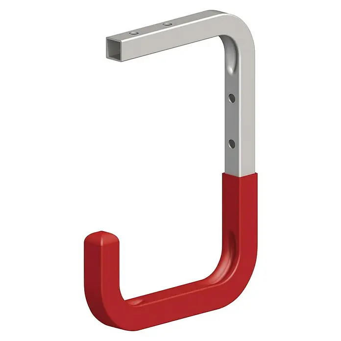 Wand- & Deckenhaken - L x B x H: 115 x 100 x 160 mm, Verzinkt - Nahaufnahme eines roten und silbernen Werkzeughakens zur Aufbewahrung mit Befestigungslöchern. Ideal für Garage und Werkstatt.
