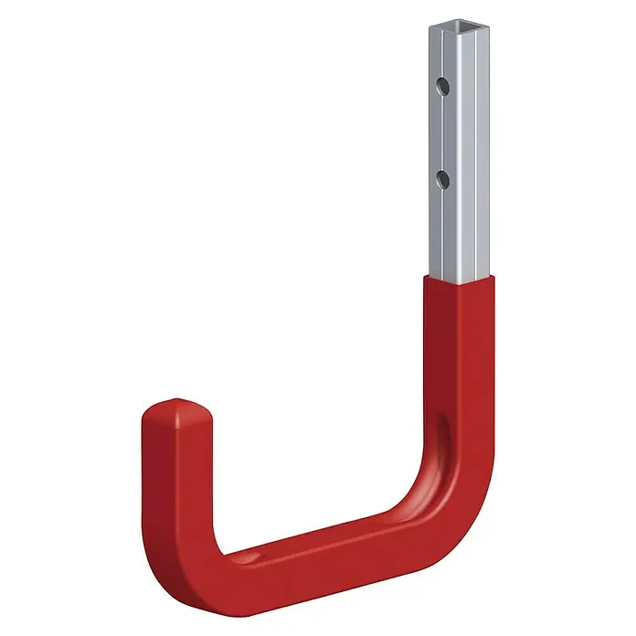 Wandhaken Typ 3 Rot - L x H: 120 x 80 mm, Belastbarkeit: 30 kg - Rote Werkzeugaufhängung mit einem silbernen, quadratischen Aufsatz mit Löchern für die Wandmontage.