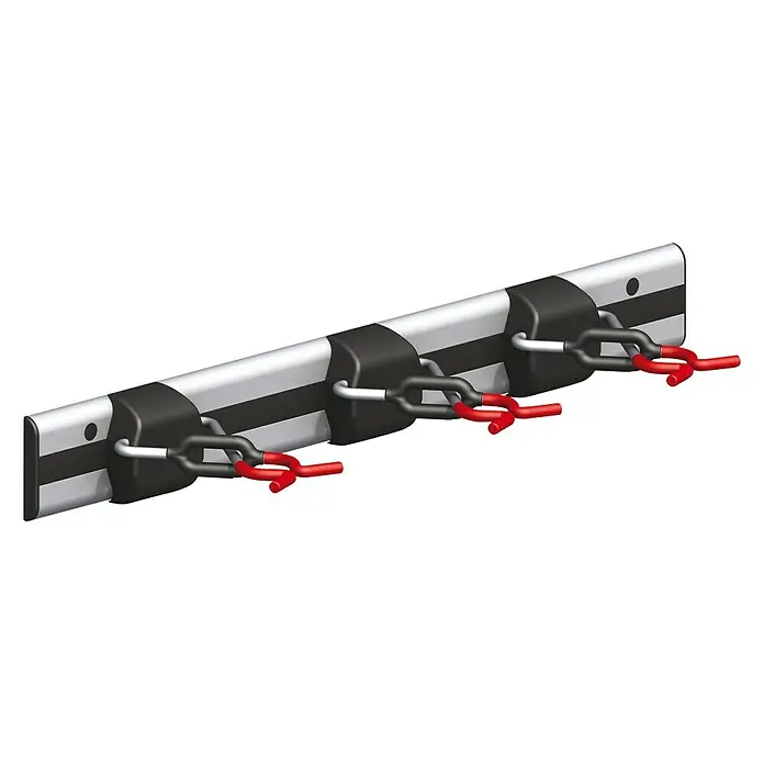 Gerätehalter Schiene Coax - X - Star - Länge: 500 mm, Belastbarkeit: 40 kg - Wandhalterung mit drei Haken zur Aufbewahrung von Gegenständen. Praktische und platzsparende Lösung mit roten Endstücken.