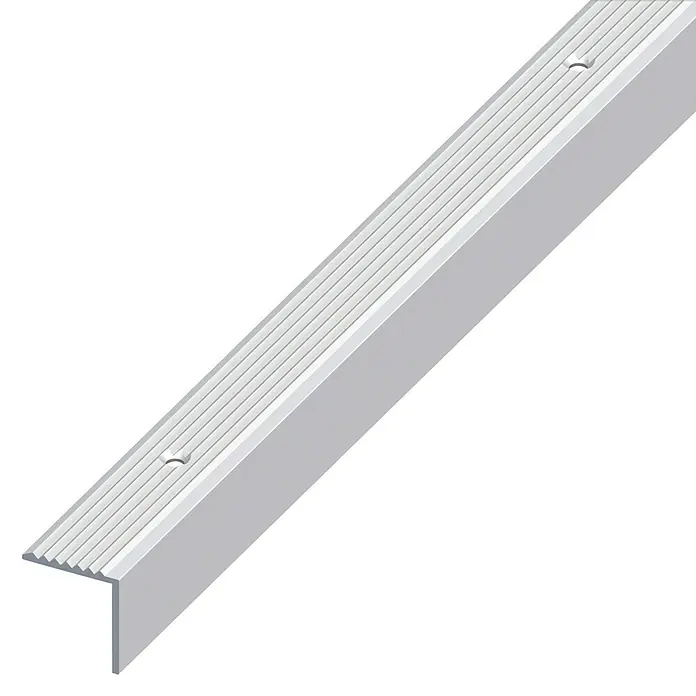 Treppenprofil - L x B x H: 2.500 x 19 x 20 mm, Silber - Dieses Bild zeigt ein Treppenkantenprofil aus Aluminium mit geriffelter Oberfläche und vorgebohrten Löchern, ideal für Treppenrenovierungen.