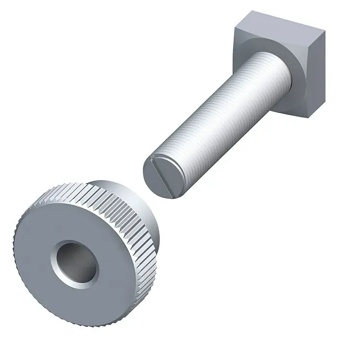 Kantoflex Coaxis Haken-Montage-Set - Silber - Nahaufnahme einer gerändelten Daumenmutter und einer Vierkantschraube, die die präzise Mechanik und das Design der Schraube hervorhebt.