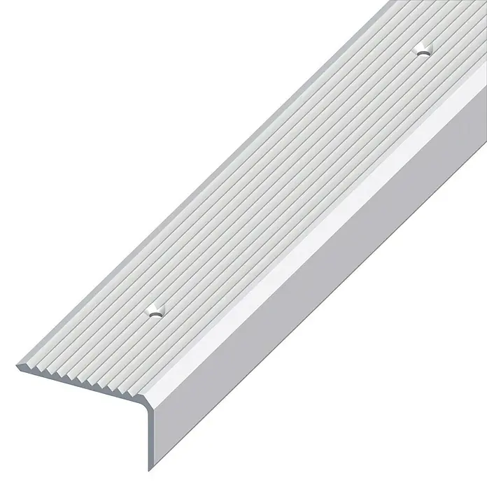 Treppenprofil - L x B x H: 2.500 x 41 x 23 mm, Silber - Silberne Treppenkantenprofil mit geriffelter Oberfläche und Befestigungslöchern für mehr Sicherheit und Rutschfestigkeit auf Treppen.