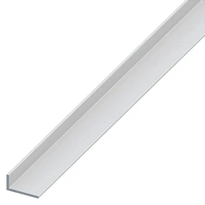 Kantoflex Winkelprofil - L x B x H: 2.500 x 25 x 20 mm, Stärke: 1,5 mm, Silber - Nahaufnahme einer Aluminium-Winkelprofilleiste, ideal für Konstruktion und Heimwerkerprojekte, in Silberfarben.