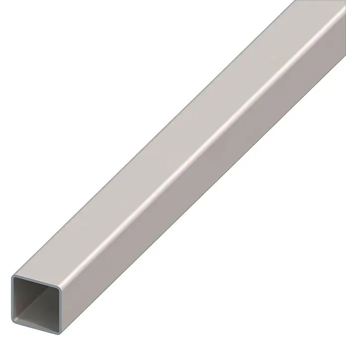 Vierkantrohr - 1.000 x 40 x 40 mm, Stärke: 2 mm, Stahl, Stahlgrau - Nahaufnahme eines silberfarbenen, quadratischen Hohlprofils, das seine robuste und präzise Konstruktion zeigt.