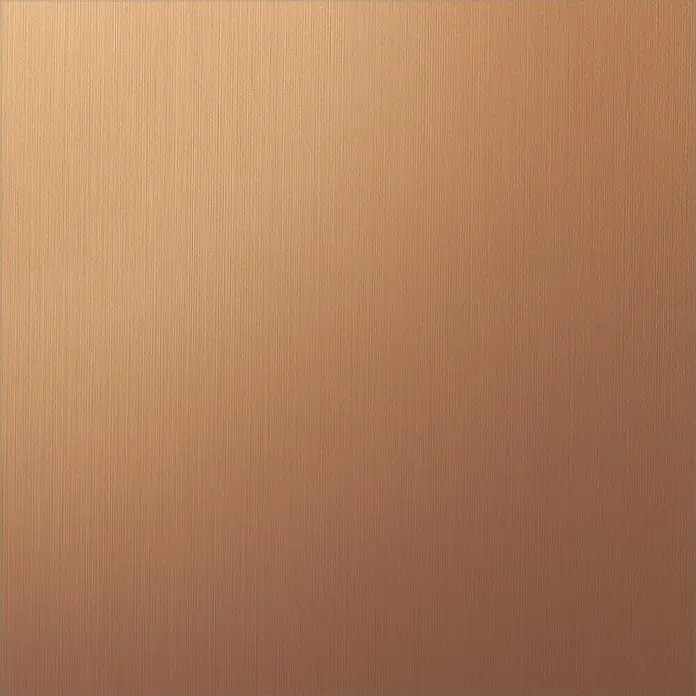 Metalleffekt-Platte - 100 cm x 60 cm x 1,13 mm, Kupfer, Matt - Nahaufnahme einer gebürsteten Kupferoberfläche. Texturierter Hintergrund mit vertikalen Linien und warmem Farbton.