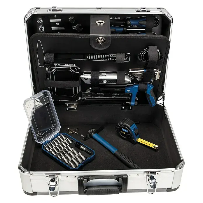 Scheppach Werkzeugkoffer TB150 - L x B x H: 46 x 15 x 32 cm, 101 -tlg. - Ein offener Werkzeugkoffer aus Aluminium mit einer Auswahl an Werkzeugen wie Schraubendreher, Hammer und Maßband.
