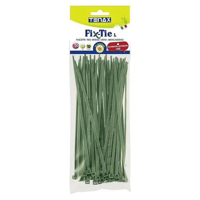Set de bridas para cables - Verde - Un paquete de bridas Tenax Fix-Tie L en verde, perfectas para uso interior/exterior, resistentes a los rayos UV y versátiles.