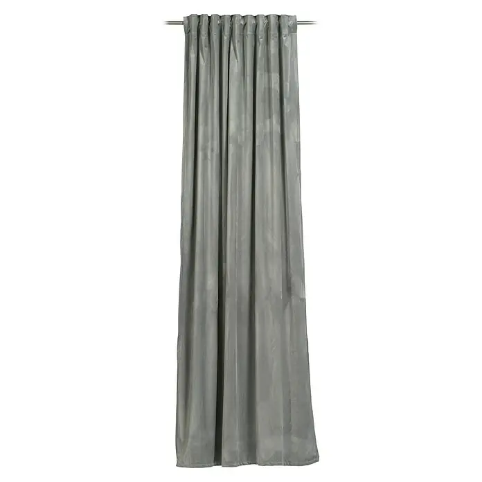 Schlaufenschal Magnum - B x H: 135 x 245 cm, 100 % Polyester, Silber - Nahaufnahme eines grauen Vorhangs, der an einer Stange hängt und sanfte Falten aufweist, die eine elegante Textur erzeugen.