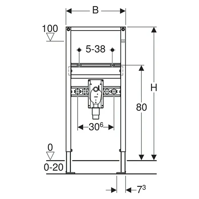 Geberit Duofix Waschtisch-Vorwandelement 111.480.00.1 - 7 x 50 x 112 cm, Pulverbeschichtet - Abbildung eines Geberit Installationssystems mit Maßangaben für eine einfache Installation.