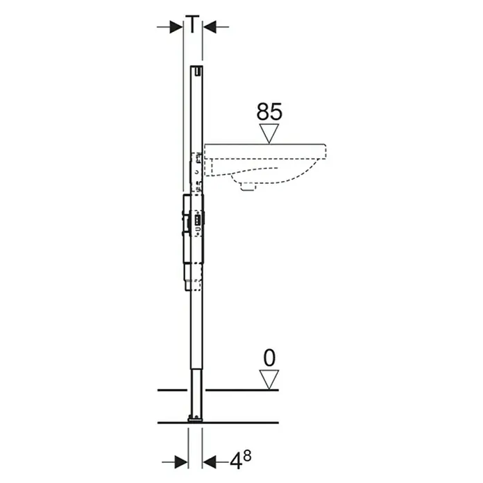Geberit Duofix Waschtisch-Vorwandelement 111.480.00.1 - 7 x 50 x 112 cm, Pulverbeschichtet - Detailzeichnung eines Spülkastens mit einer Höhe von 85 cm und einer Tiefe von 48 cm.