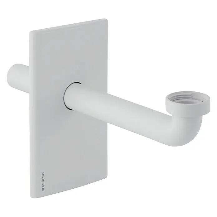 Geberit Fertigbau-Set 115.416.11.1 - Passend für: Geberit Waschtisch mit UP-Geruchsverschluss, 2 -tlg. - Das Bild zeigt einen weißen Geberit Waschtischanschluss mit einer rechteckigen Abdeckplatte, der für den Einsatz in Badezimmern konzipiert wurde.