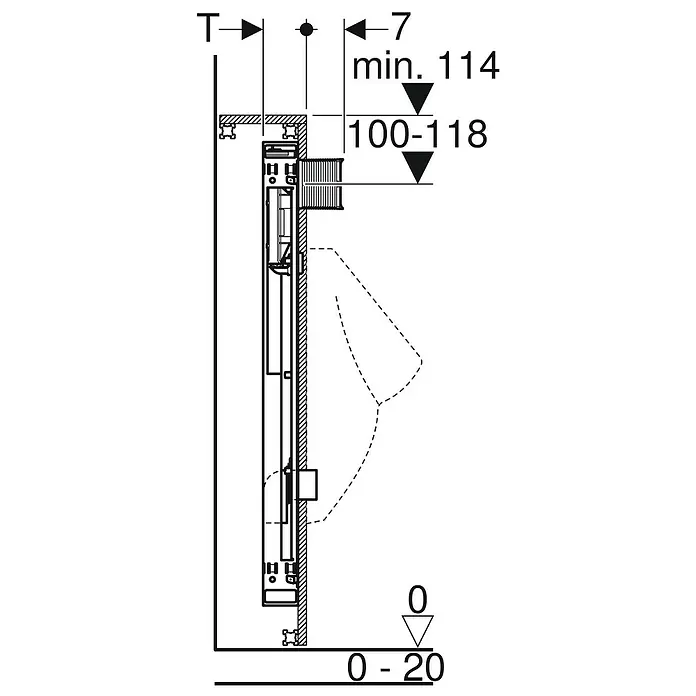 Geberit Gis Urinal-Montageelement 461.621.00.1 - 1-Mengen-Spülung, 10 x 42 x 109 cm - Abbildung eines Unterputzspülkastens mit Maßangaben zu Einbauhöhe und Tiefe für die Installation im Badezimmer.
