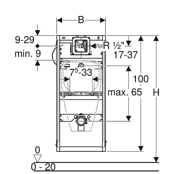 Geberit Gis Urinal-Montageelement 461.621.00.1 - 1-Mengen-Spülung, 10 x 42 x 109 cm - Technische Zeichnung eines Sanitärartikels mit Maßangaben zu Höhe, Breite und Anschlüssen für Installationszwecke.