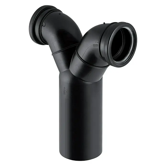 Geberit WC-Anschlussbogen 90° PE Doppel - Durchmesser: 110 mm - Schwarzes Y-Stück Abwasserrohrverbinder. Langlebige Sanitärinstallation für effiziente Abwasserentsorgung.