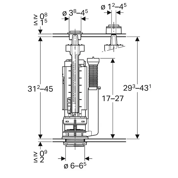 Geberit Ablaufventil 282.050.21.2 - Passend für: Geberit Spülventil, 2-Mengen-Spülkästen - Eine Detailzeichnung des Spülkastensystems mit Maßangaben zu Durchmesser und Höhe der einzelnen Komponenten für Installationszwecke.