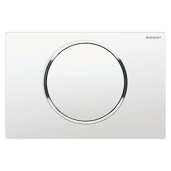 Geberit Betätigungsplatte Sigma 10 - 115.758.KJ5 - Weiß/Chrom, Spül-Stopp-System - Ein weißer Geberit Betätigungsplatte mit einem runden Knopf in der Mitte. Das Produkt ist modern und elegant.