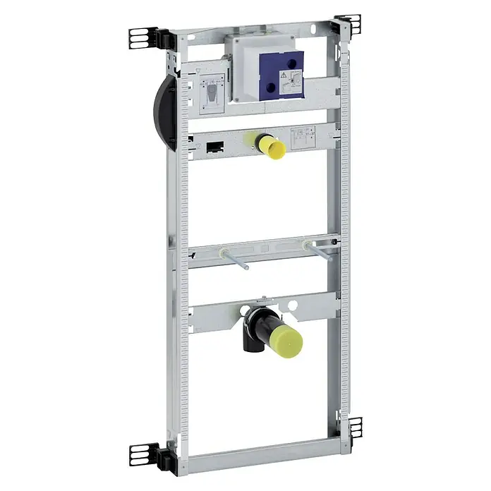 Geberit Kombifix Urinal-Montageelement 457.611.00.1 - 1-Mengen-Spülung, 7,5 x 42 x 100 cm, Verzinkt - Ein In-Wand-Montageelement für ein hängendes WC. Das Element ist aus Metall gefertigt und hat gelbe Anschlüsse.