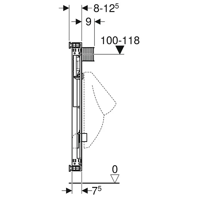 Geberit Kombifix Urinal-Montageelement 457.611.00.1 - 1-Mengen-Spülung, 7,5 x 42 x 100 cm, Verzinkt - Abbildung eines Sanitärprodukts mit Maßangaben. Die Grafik zeigt die Abmessungen eines WCs für Installationsdetails.
