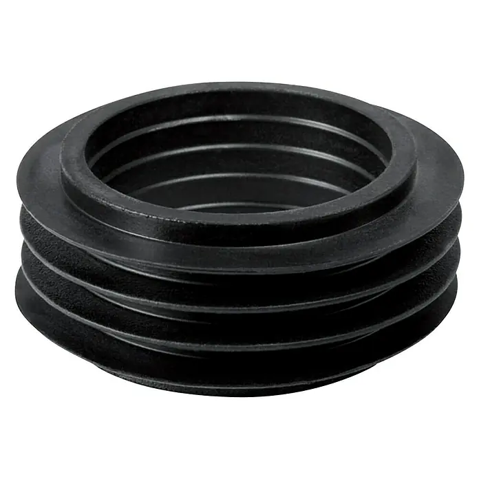 Geberit Manschette - Durchmesser: 55 mm - Nahaufnahme eines schwarzen, flexiblen Toilettenanschlussstücks mit mehreren Rillen. Ideal für Sanitärinstallationen und Abwasserleitungen.