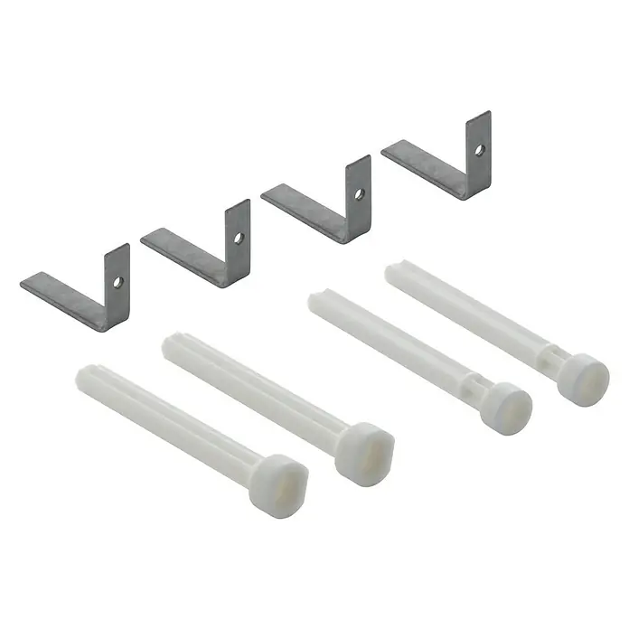 Geberit Verlängerungs-Set 240.938.001 - Passend für: Geberit UP-Spülkästen Sigma - Produktbild: Fünf Metallwinkel und vier weiße Dübel, perfekt für die Wandmontage von Regalen.