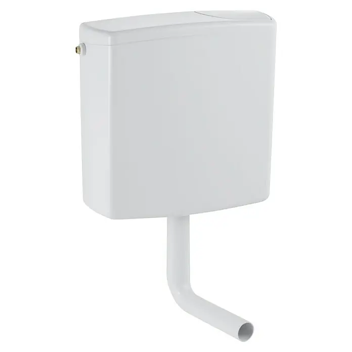 Geberit Spülkasten 140.000.111 - Weiß, Spülmenge: 6 l - 9 l, 13,8 x 41 x 40,5 cm - Nahaufnahme eines weißen Unterputz-Spülkastens mit Zulaufrohr.
