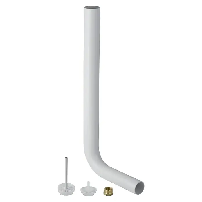 Geberit WC-Spülrohrbogen 115.367.11.1 - Weiß, 52 x 22 cm - Das Bild zeigt ein Waschbeckenrohr mit Zubehör. Das weiße Rohr ist L-förmig gebogen und liegt neben den Zubehörteilen.
