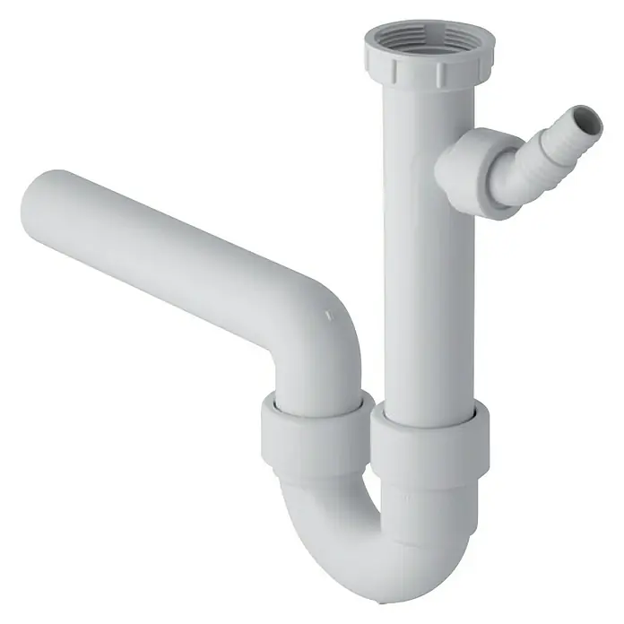 Geberit Spültisch-Siphon 152.713.111 - 1 ½″, DN 40, Kunststoff - Detailaufnahme eines weißen Siphon-Rohrstücks, das typischerweise unter Waschbecken installiert wird, mit Fokus auf seine Struktur und Anschlüsse.