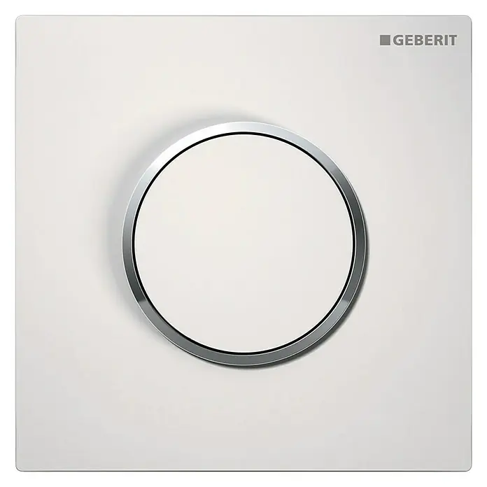 Geberit Betätigungsplatte Sigma 10 - 116015KJ1 - Weiß, 1-Mengen-Spülung - Eine Geberit Betätigungsplatte in Weiß mit einem runden, silberfarbenen Knopf in der Mitte. Ideal für moderne Badezimmer.