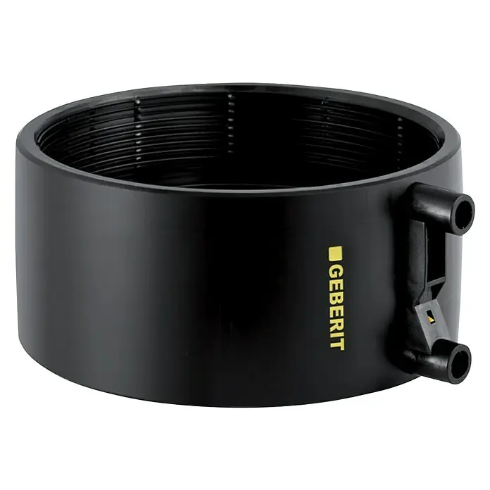 Geberit Schweißmuffe - Durchmesser: 56 mm, Schwarz - Produktbild eines schwarzen Geberit PE Abzweigmuffe DN 90. Sanitärobjekt für den professionellen Einsatz, mit Anschlüssen und präziser Verarbeitung.