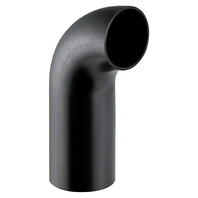 Geberit PE-Bogen - Nennweite: 110 mm, 90 ° - Schwarzes Geberit-Rohrbogenstück mit 90-Grad-Winkel, ideal für Sanitärinstallationen, für einen reibungslosen Wasserablauf.