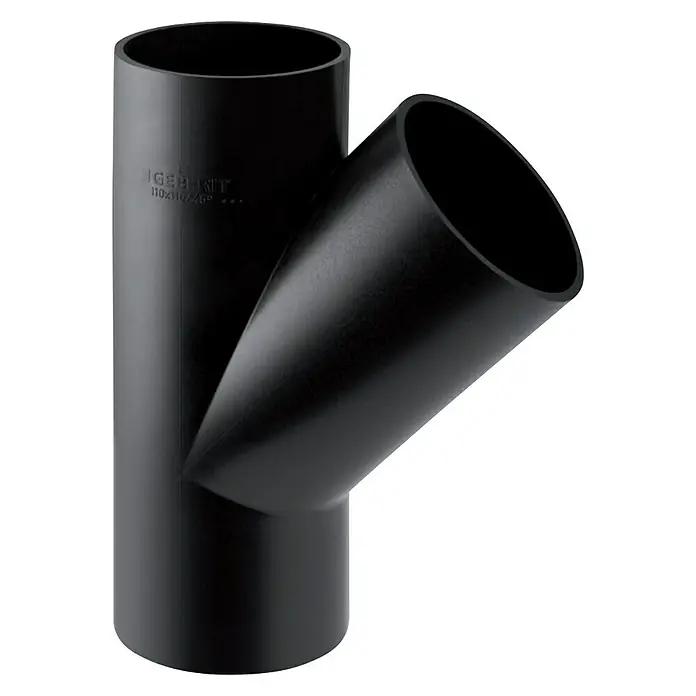 Geberit PE-Abzweig - Durchmesser: 110 mm - Schwarzes Geberit Abwasserrohr-Y-Stück 110x110/45°, ein robustes und langlebiges Rohrverbindungsstück für Abwassersysteme.