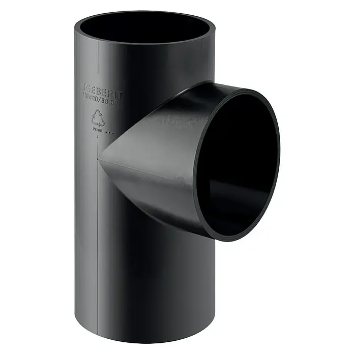 Geberit PE-Abzweig - Durchmesser: 110 mm - Schwarzes Geberit Abzweigstück 110x110/88.5° aus Polyethylen hoher Dichte (PE-HD), robust und langlebig für Sanitärinstallationen.
