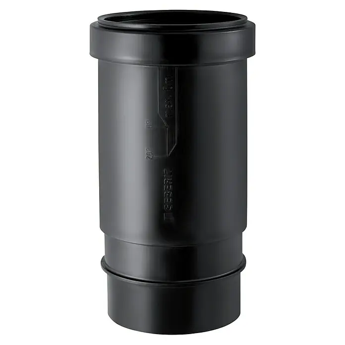 Geberit PE-Langmuffe - Nennweite: 110 mm - Schwarzer Geberit-Rohrverbinder für Abwasserleitungen mit Markierungen für Winkel und maximale Länge für Installationsanwendungen.