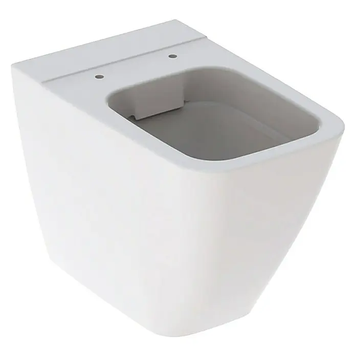 Geberit iCon Stand-WC Square - Spülrandlos, Ohne Spezialglasur, Spülform: Tief, WC Abgang: Senkrecht, Weiß - Bild einer wandmontierten weißen Toilette mit einem schlichten, modernen Design für Badezimmer.