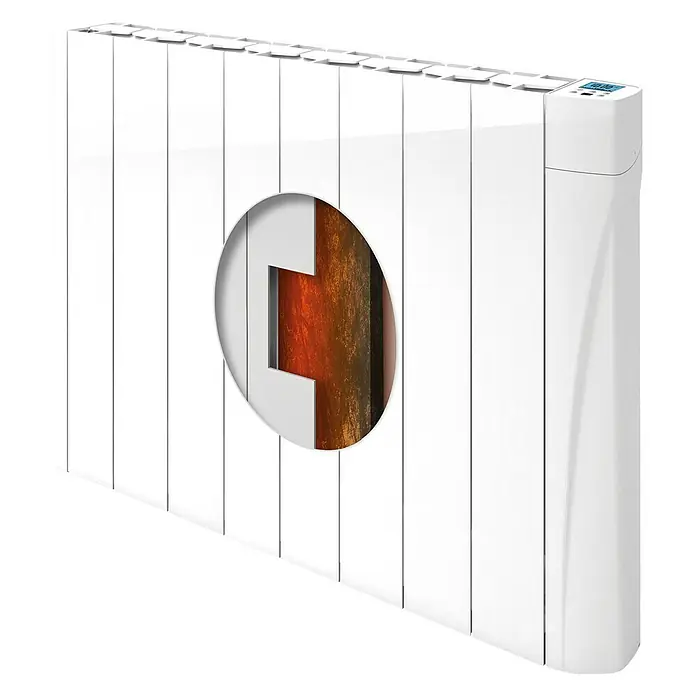 Voltomat HEATING Emisor térmico VOLTC - Potencia: 1.250 W, Blanco, 9,8 x 74,7 x 57,5 cm, Cerámico - Imagen de un radiador blanco con un corte que muestra el interior. Un diseño moderno que combina eficiencia y confort.