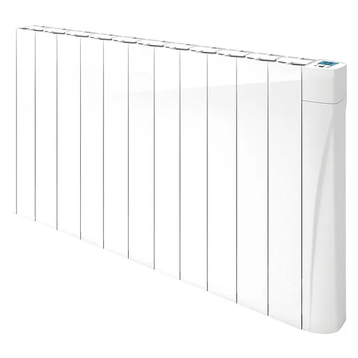 Voltomat HEATING Emisor térmico VOLTC - Potencia: 1.750 W, Blanco, 9,8 x 101 x 57,5 cm, Cerámico - Primer plano de un radiador blanco moderno con pantalla digital. Radiador para un calor acogedor en la habitación.