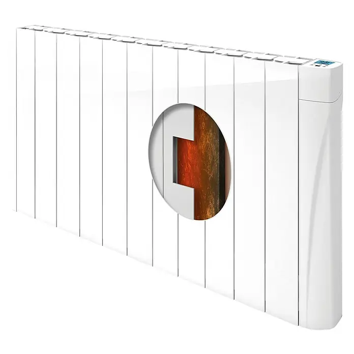 Voltomat HEATING Emisor térmico VOLTC - Potencia: 1.750 W, Blanco, 9,8 x 101 x 57,5 cm, Cerámico - Imagen del producto de un radiador blanco con un corte circular que muestra el interior. Perfecto para espacios modernos.