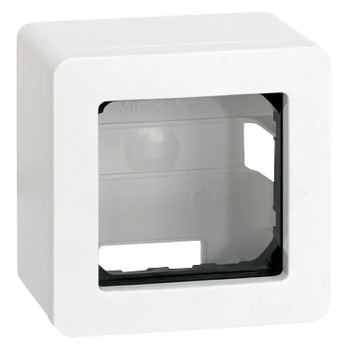 Simon 27 Caja de superficie con marco - 50 x 68 x 68 mm, Colocar - Imagen de una caja de superficie blanca Simon para interruptores o enchufes, apta para montaje en pared en interiores.