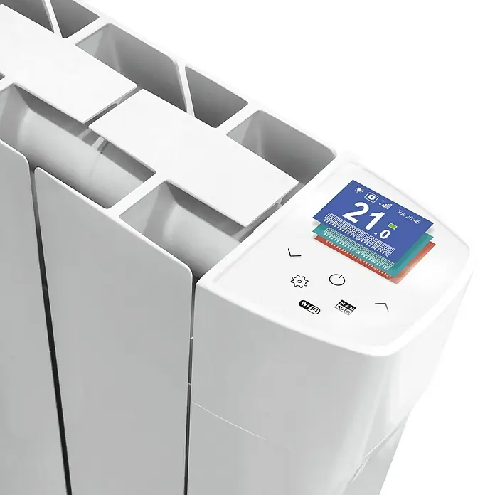 Voltomat HEATING Emisor térmico VOLCW - 1.000 W, Blanco, 9,8 x 58,5 x 57,5 cm, Cerámico - Primer plano de un radiador blanco con controles digitales para la regulación de la temperatura.