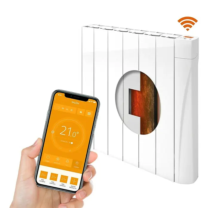 Voltomat HEATING Emisor térmico VOLCW - 1.000 W, Blanco, 9,8 x 58,5 x 57,5 cm, Cerámico - Primer plano de un radiador blanco con control digital a través de una aplicación de teléfono inteligente, que muestra una temperatura de 21,0°C.
