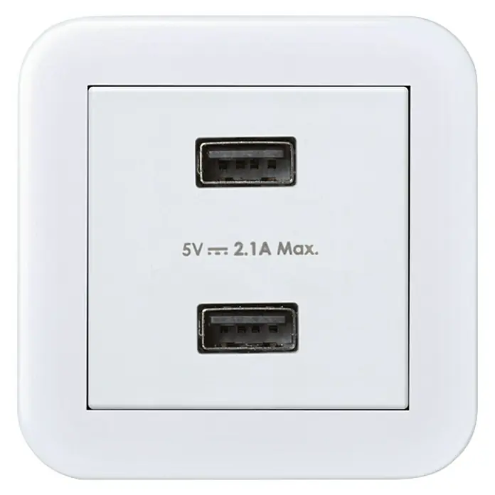 Simon 31 Toma USB Simon 31 - x 2, Blanco, Montaje enrasado - Adaptador de carga USB de pared blanco con dos puertos USB y una potencia máxima de 2,1 A para cargar varios dispositivos.