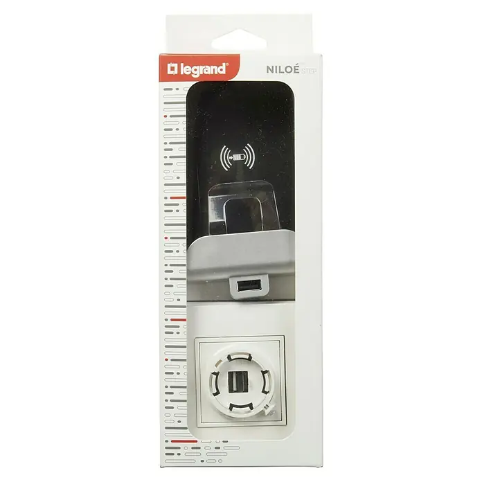 Legrand Niloé Step Cargador por inducción + USB - Aluminio - Vista del producto Legrand Niloe Step con puerto USB y función de carga inalámbrica en su embalaje original.