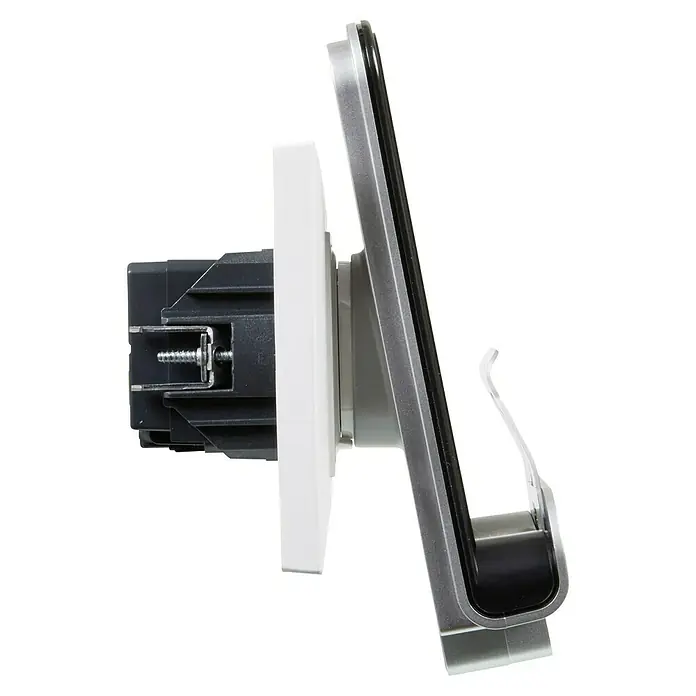 Legrand Niloé Step Cargador por inducción + USB - Aluminio - Vista lateral de un dispositivo inteligente moderno para el hogar, que fusiona diseño y tecnología.