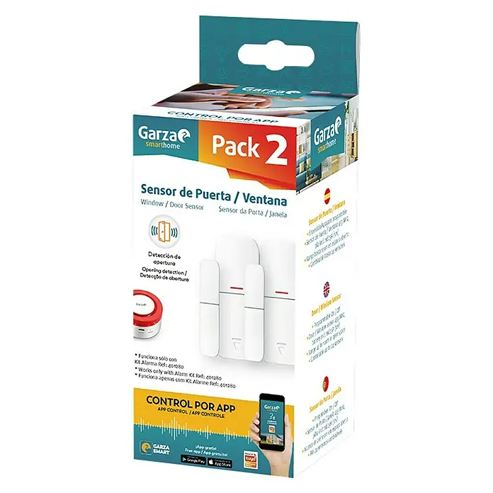 Garza Sensor de ventana y puerta SmartHome Wifi Pack - Alcance de detección: 100 m, 2 ud. - Paquete de 2 sensores de puerta/ventana Garza SmartHome para monitorización con control por aplicación.